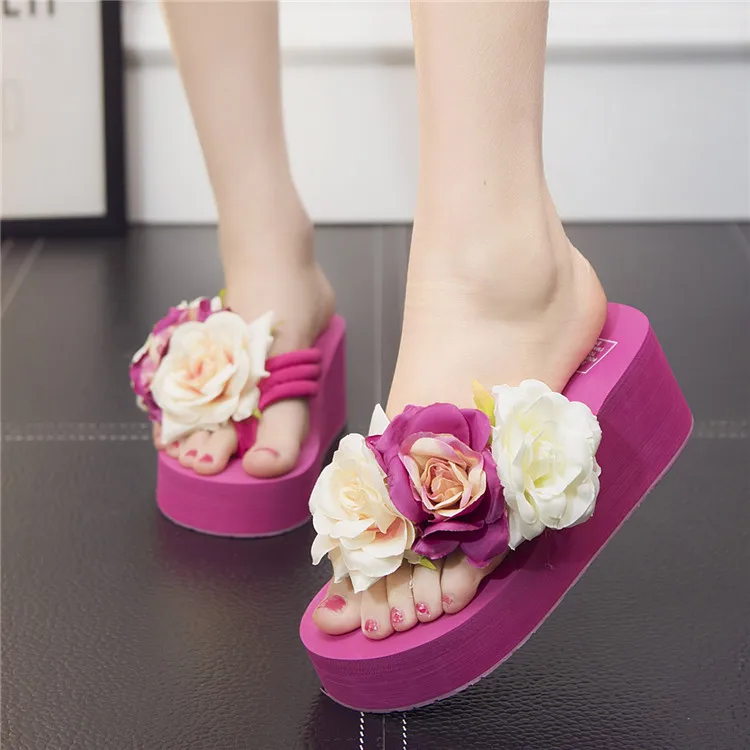 Ladies Slippers Summer Flip Flop Flowers decoration Female Flip flops High heels EVA Flip flops Bohemia Beach Slippers Shoes