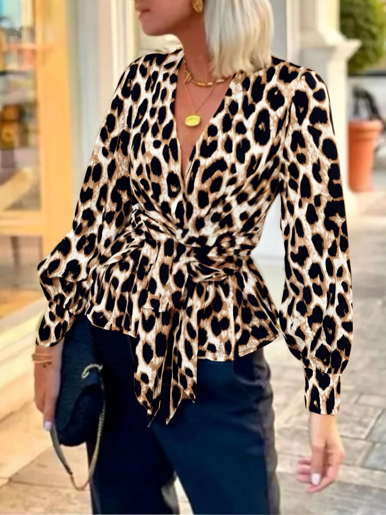 Spring Summer Women's Blouse Leopard Print V Neck Long Sleeve Waist Tie Ruffled Hem Slim Trendy Daily Casual Dating Top
