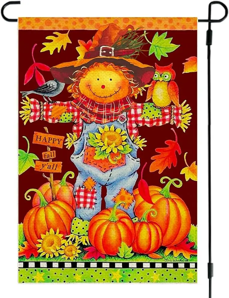 RABUSOFA Fall Thanksgiving Garden Flag 12x18 Inch Double Sided for Outside, Scarecrow Harvest Autumn Pumpkins Outdoor Seasonal H