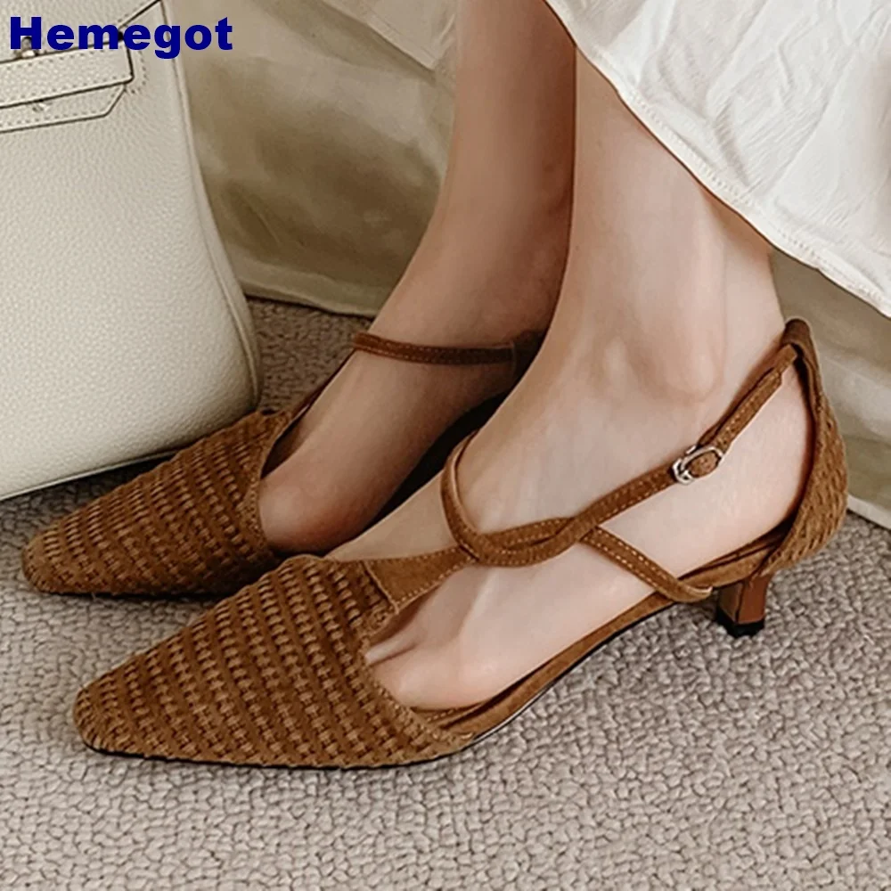 

Square Toe Braided Roman Sandals 2024 Summer New Kitten Heel Buckle Outdoor Casual Sandal Solid Color Fashion Ladies Pumps