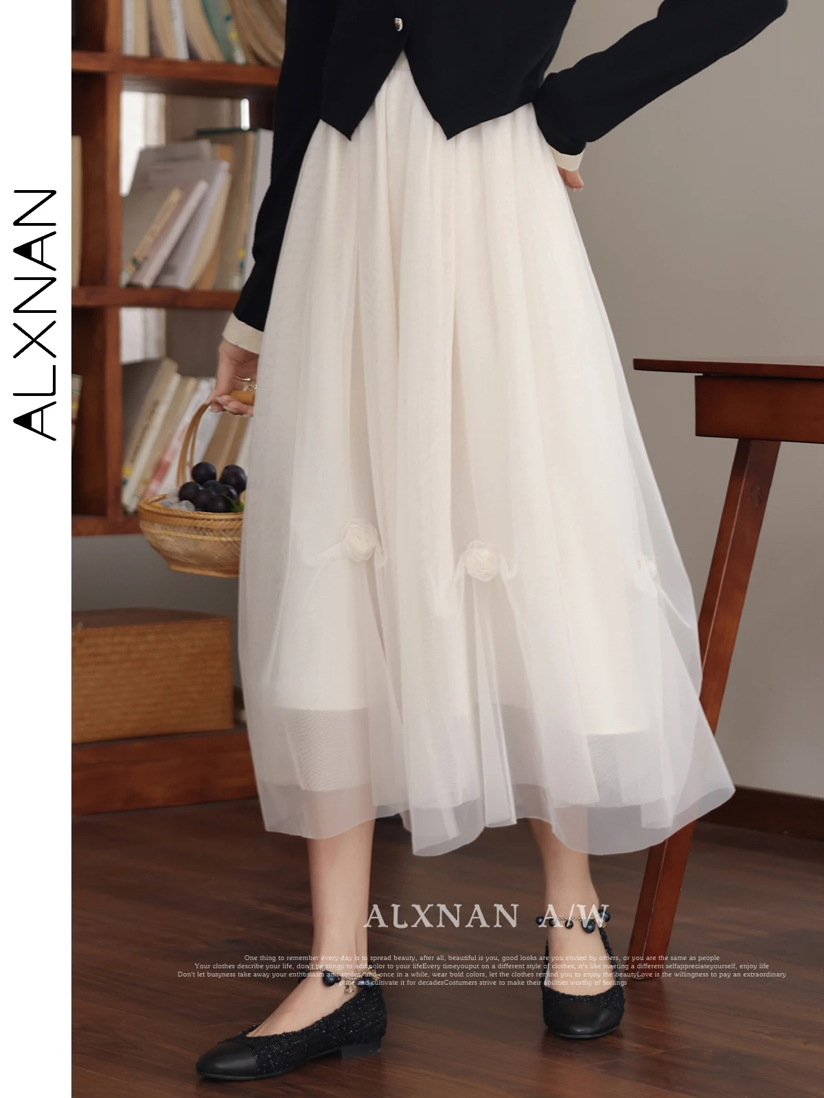 ALXNAN Women\'s Midi Mesh Skirts for Woman 2024 Spring Sweet Girl Elastic High Waist A Line Female Skirt Female Clothes LXN31199