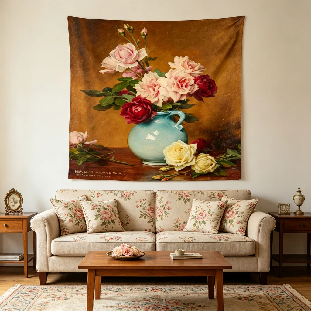 1PC Rose Vase Blue Brown Art Print Backdrop Banner, Bedroom Living Room Photo Background, Polyester, Home Decor, Wall Art