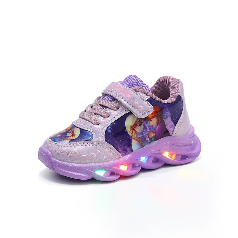 Disney LED Casual Sneakers For Spring Girls Frozen Elsa Princess Print Pu Leather Shoes Children Lighted Non-slip Pink Purple