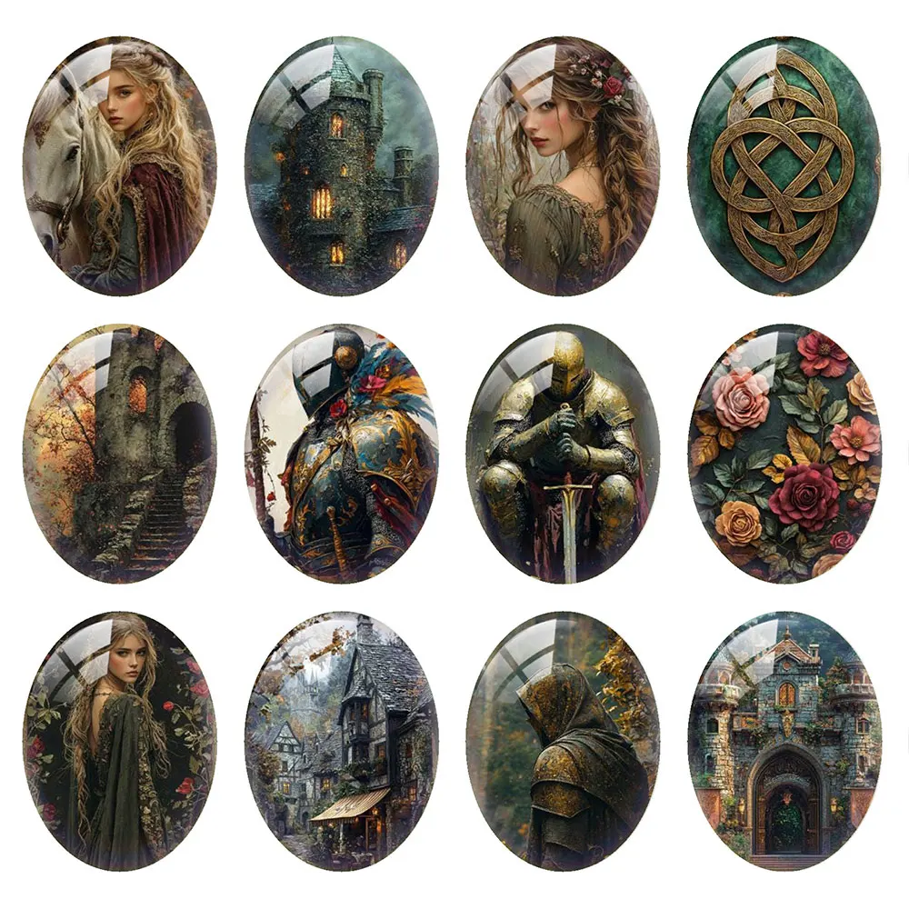 Random Mixed Round/Oval/Square Medieval Castle Knight Dark Fantasy Photo Glass Cabochon Flatback Demo Cameo Diy Jewelry Making