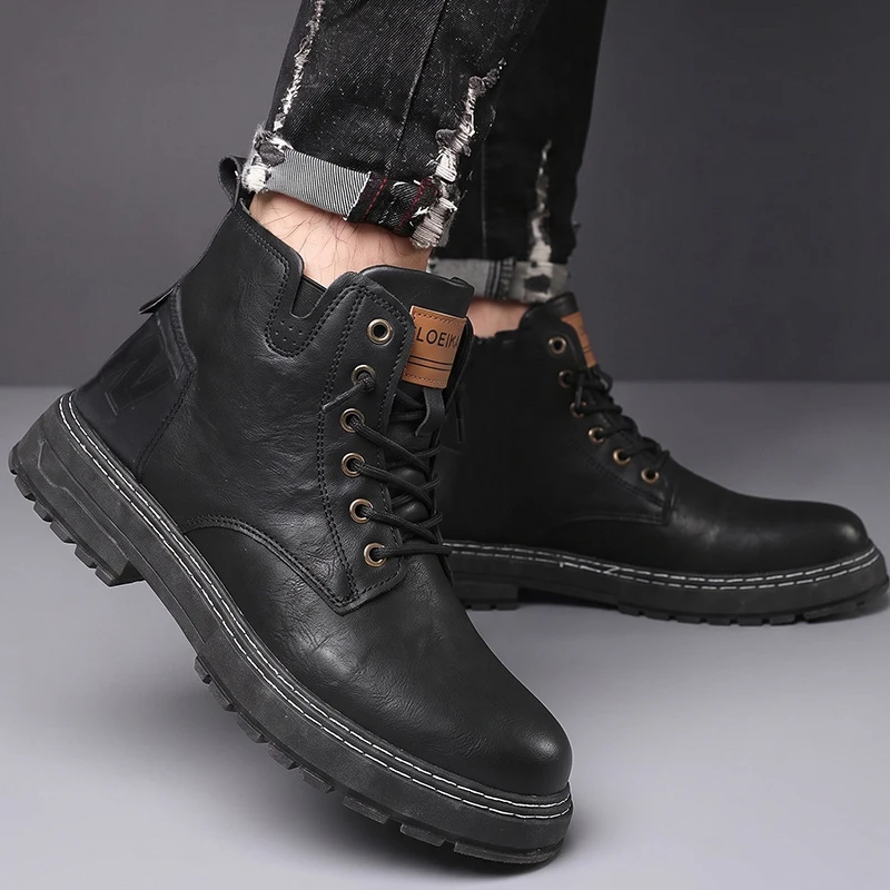 Herren High-Top Freizeitstiefel aus Kunstleder mit Schnürung, dicker rutschfester Blocksohle und genähten Details für den täglichen Einsatz in der Stadt. – Detail 1