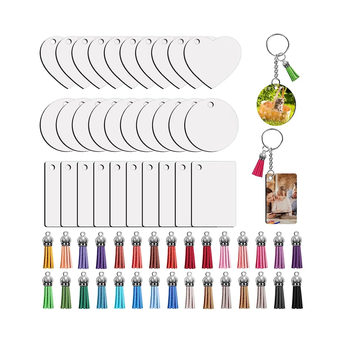 

Sublimation Key Ring Blanks Set with Heat Transfer MDF Blank 3 Shapes Tassels Pendant Jump Rings Key Ring with Chain