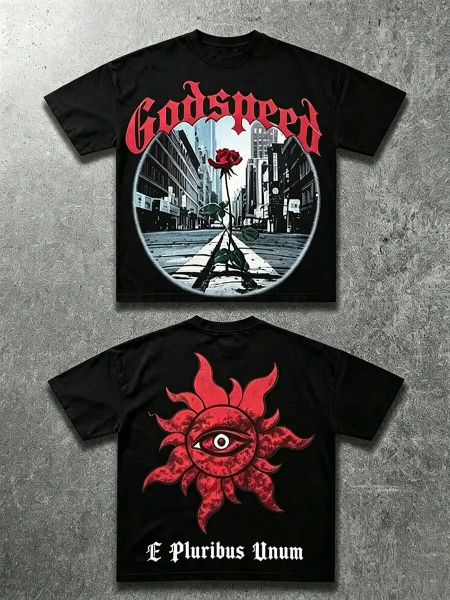 Plus Size Men's Graphic T-Shirt,Godbless Text And Cross Roses, Y2K Streetwear Casual Crew Neck, Summer Cotton Short Sleeve, Daily Street Wear
