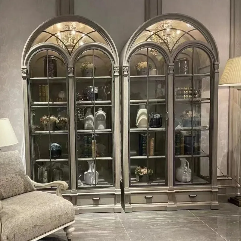 

American retro side cabinet art building revival double door glass wine cabinet French country display cabinet bookcase customiz