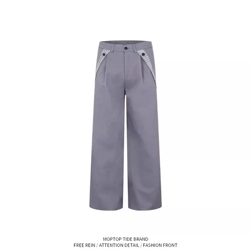 

Retro Casual Plaid TR Mixed Wide Leg West Pants Men's Spring Autumn Loose Draping A-Line Long Trousers Trendy Classic Style
