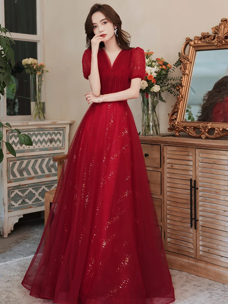 

Ele Long Red Evening Gown for Wedding Women's Fairy T Sle Wine Red Color Bridal Dr Luxury Sensation Floor Length