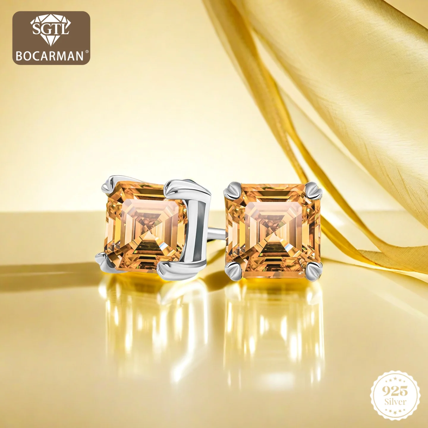 High-Quality S925 Silver Plated 18K Gold Earrings for Women, 1-2 Carat Ascher Cut Moissanite, Classic Minimalist Fashion, Ideal