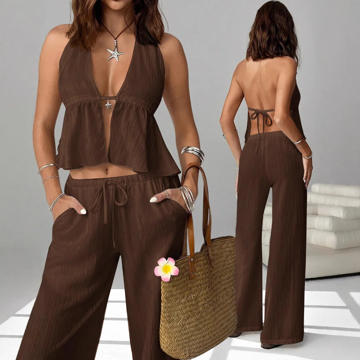 Women's Halter Deep V Backless Sleeveless Ruffle Top and Drawstring Wide Leg Pants Two Piece Set Versatile Vacation Style Outfit