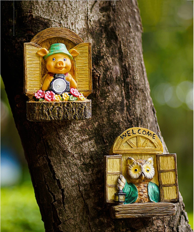 

Creative Solar Light Pig Owl Resin Tree Hanging Ornament Outdoor Garden Park Figurines Crafts Courtyard Villa Sculpture Decor