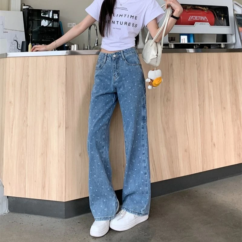 Y2K Jean 2025 Summer Fashion Ladies Floral Denim Pantalons Loose Vintage Jeans Women Casual Elastic Waist Harem Wide Trousers