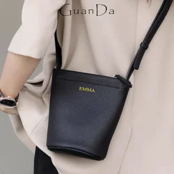 Custom Initials Woman Cell Phone Bag Leisurely Luxury Bucket Shoulder Handbag Fashion Genuine Leather Lady Luxury Crossbody Bag