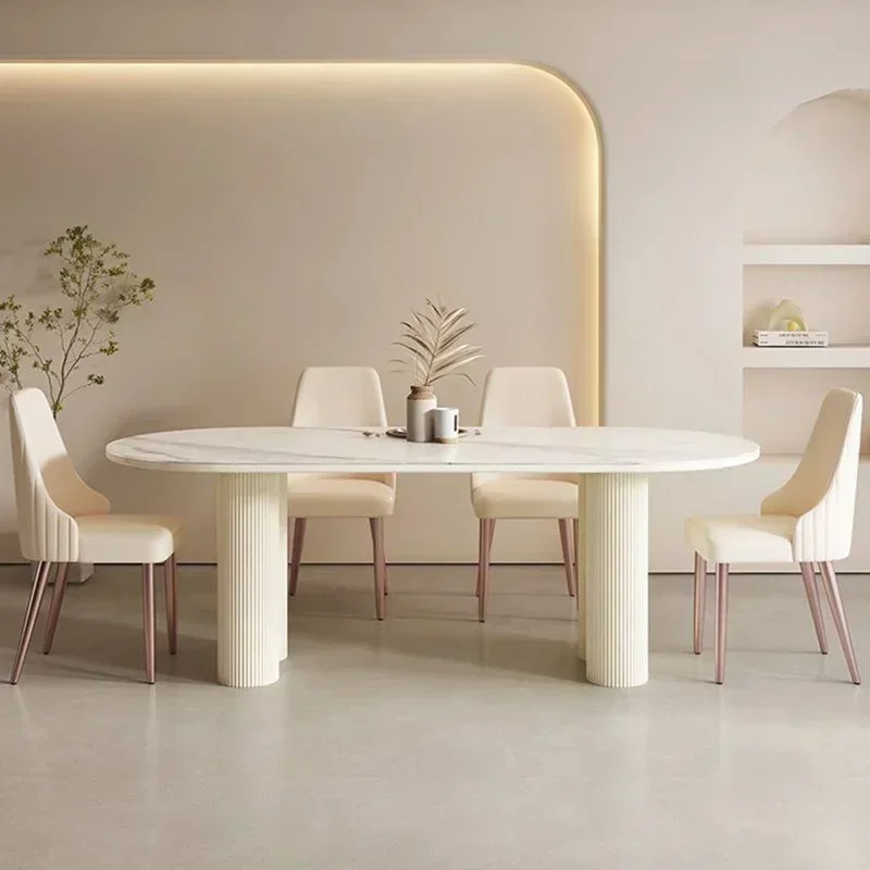 30XX Dining Room Furniture Nordic Minimalist Cream White Oval Sintered Stone Dining Table Set 6 Chairs Marble Restaurant Table C