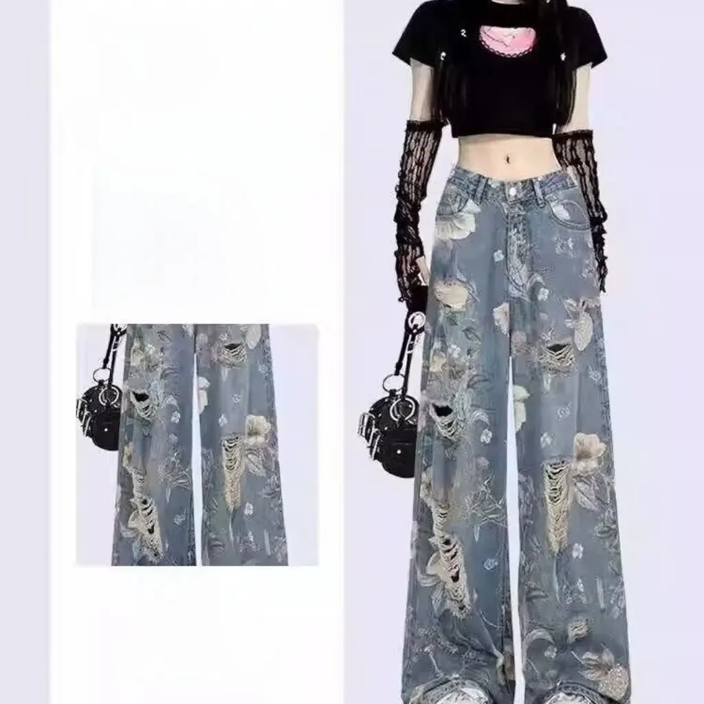 

Women's Retro Printed Ripped Jeans Summer Loose Straight Leg Wide Leg Pants American Style Casual Fashion