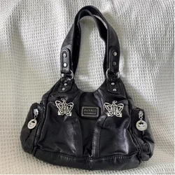 Y2k Black Womens Shoulder Bag Gothic Original Advanced Fashion Tote Bag Large Capacity Leather Motorcycle Vintage Grunge Handbag