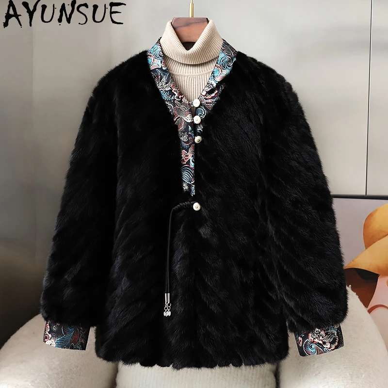 AYUNSUE ミンクファーコート レディース 2025年新作 ブラックファーコート 冬用コート レディース 中国風 Vネック レディース服 Шуба Женская
