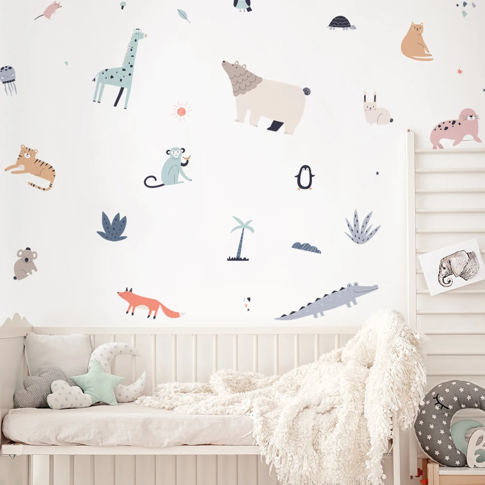 ملصقات حائط برسومات كرتونية لطيفة على شكل أرنب ثعلب حيوانات ملونة على شكل أوراق جدارية لغرفة الأطفال وحضانة الأطفال وجداريات لغرفة النوم