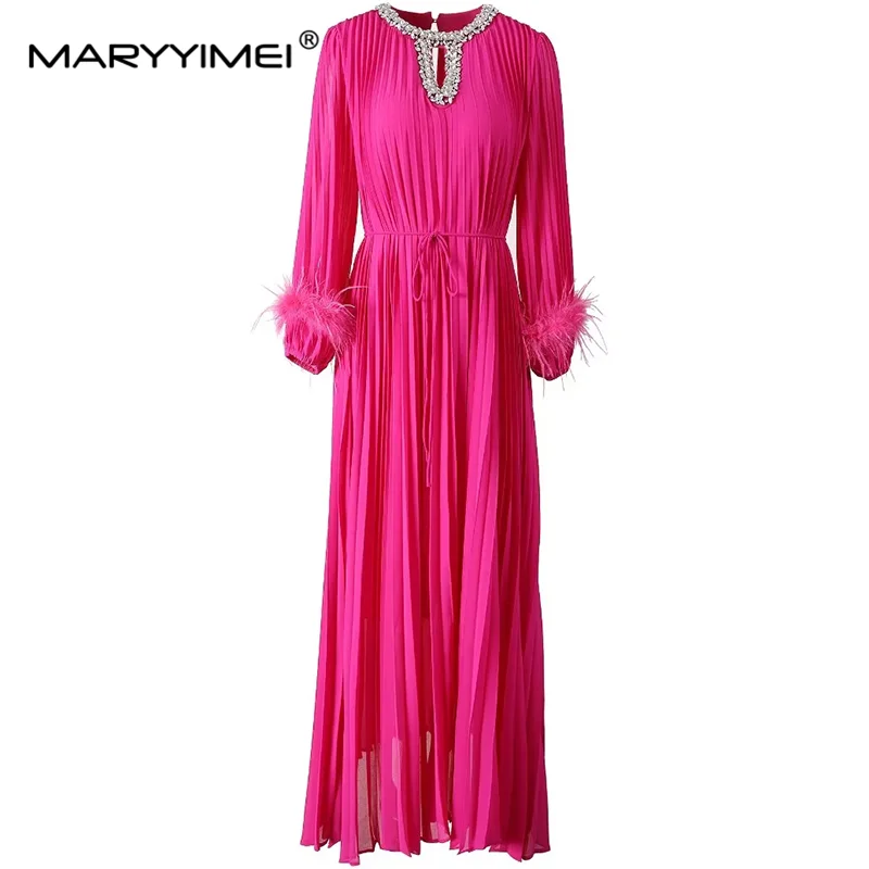 

MARYYIMEI Autumn Winter Women's Ball Gown Dress Long-Sleeved Feathers Lace-Up Beading Vintage Solid Color Evening Dresses