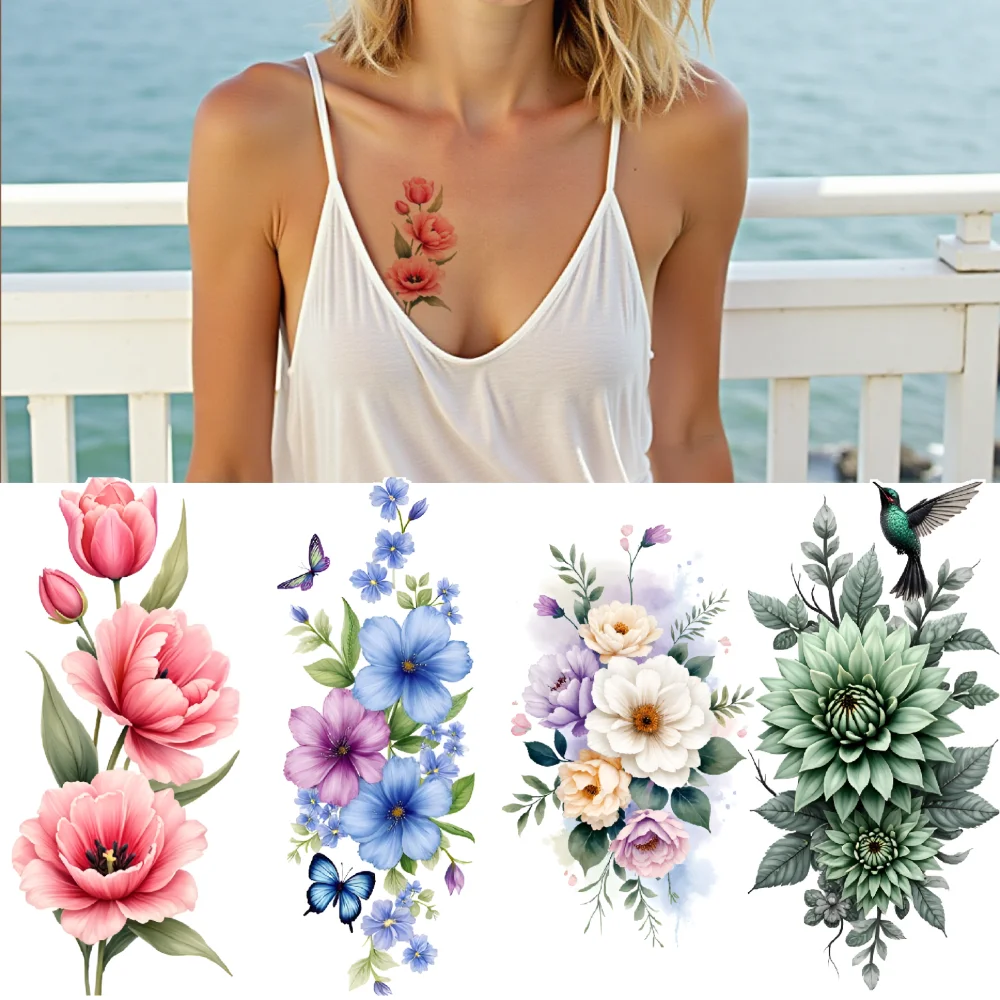 

9pcs Temporary Tattoo Daisies Colorful Lilies Floral Designs Temporary Tattoo Stickers Dragonflies For Male Thighs Back