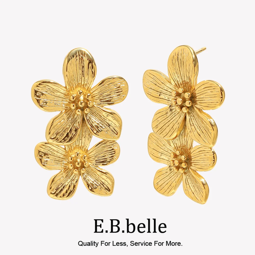 E.B.belle Stainless Steel Double-petal Double-flower Stud Earrings 18K Gold Plated Tarnish Free Jewelry Women's Gift