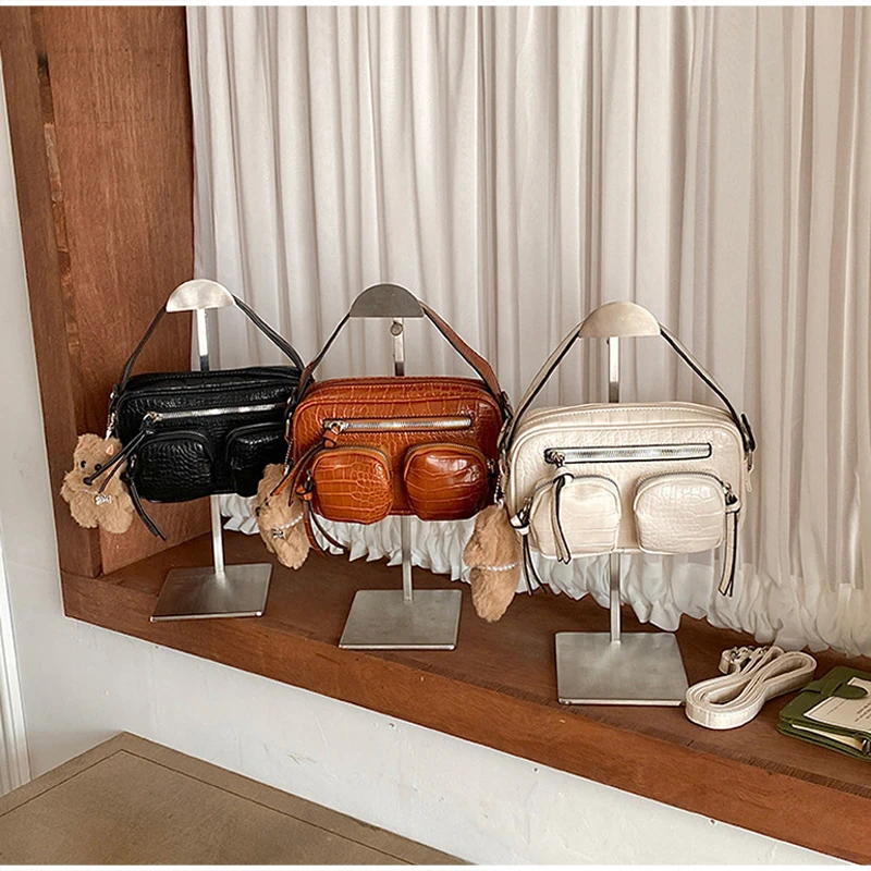 Crocodile Pattern Crossbody Bag Vintage Motorcycle Style Multi-Pocket Shoulder Handbag Fashion Casual Streetwear Solid Color