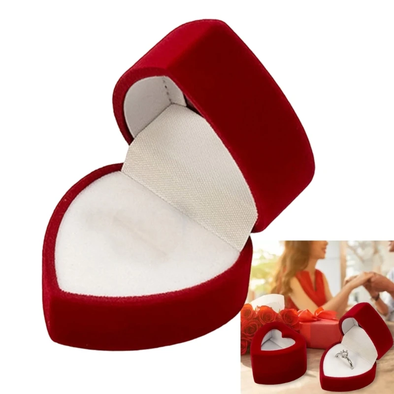 

C71D Elegant Heart Shaped Flocking Rings Box Jewelry Organizers for Special Occasions