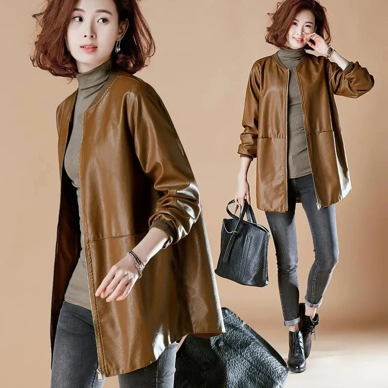 Frühling Herbst Frauen Rundhals Faux Leder Top Damen Medium Lange Stile Jacke Koreanische Weibliche Große Größe 7XL PU Leder Mantel