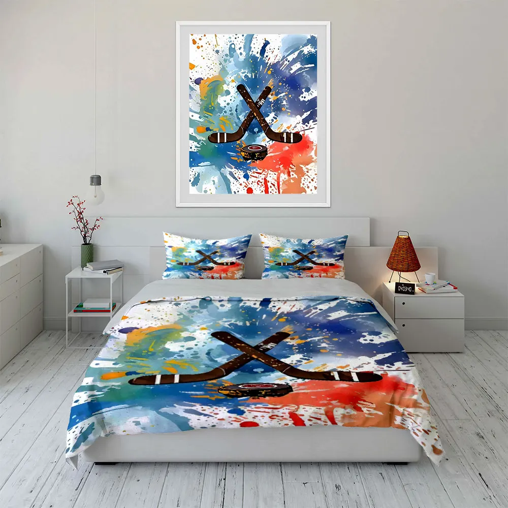 Color splashes with hockey gear Print Soft Comfortable Duvet Cover Bedding Set Included 1*Duvet Cover  2*Pillowcases