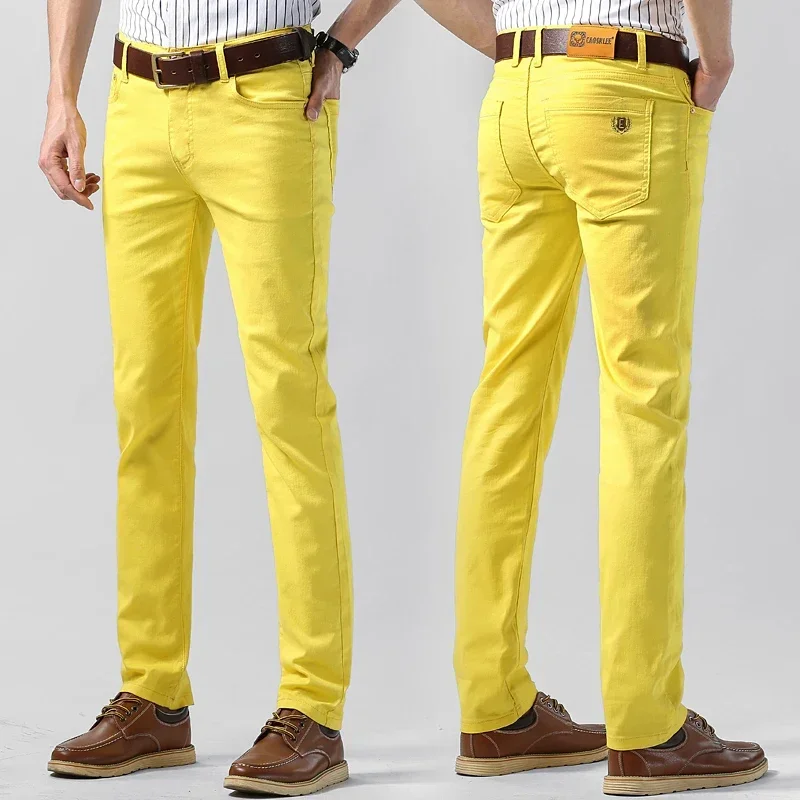 Pantalones vaqueros elásticos de mezclilla coloridos para hombre, 5 colores, elásticos, amarillo, rosa, rojo, ropa ajustada para hombre, pantalones vaqueros de negocios simples