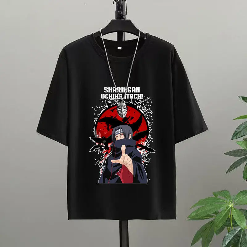 

Naruto Summer's New Versatile Black Five-quarter Sleeve T-shirt for Men, Trendy and Casual Printed Round Neck Short Sleeve