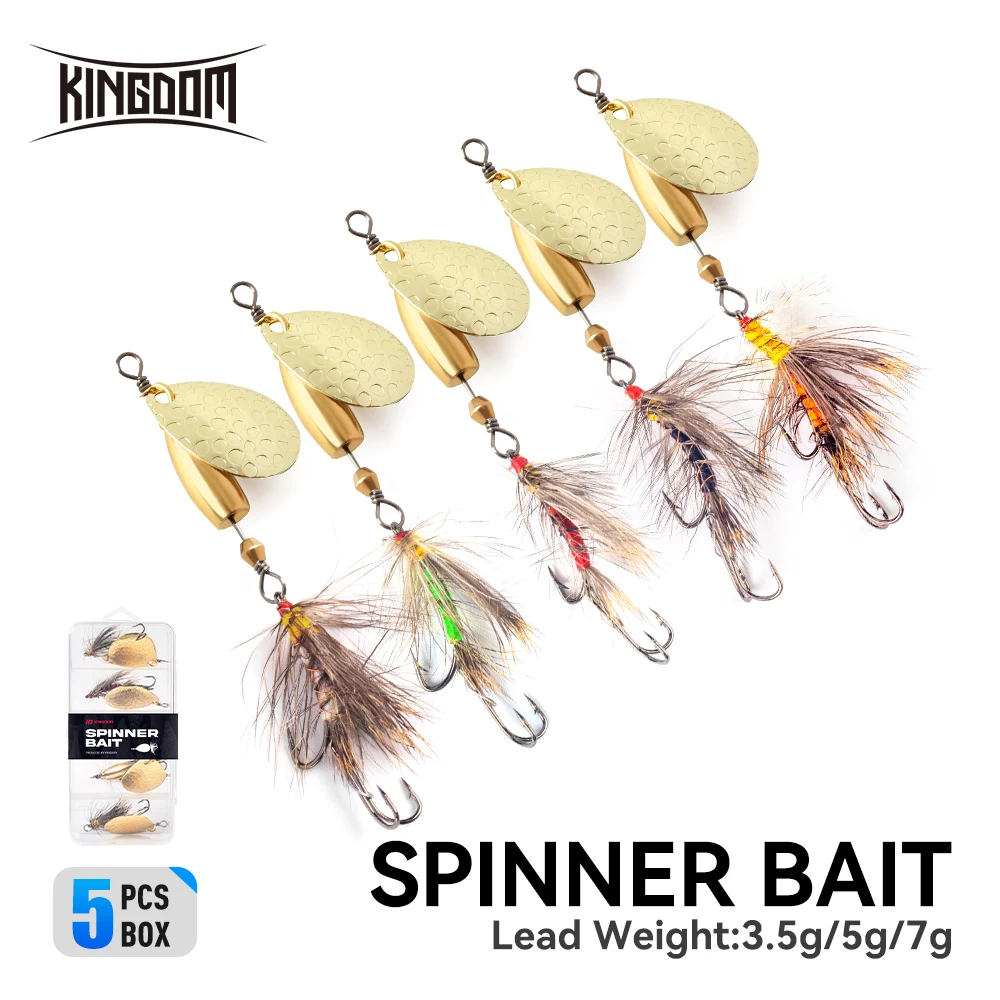 

Kingdom Spinner Bait, 5 шт./кор., металлическая ложка с пером, тройной крючок, вращающаяся металлическая приманка с блестками, искусственная приманка для ловли окуня и щуки