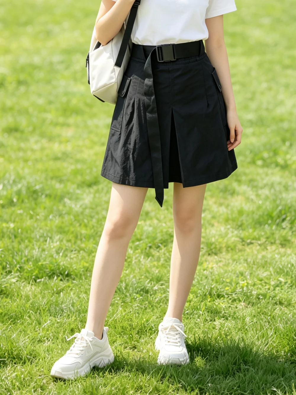 Damen High-Waist A-Linien-Shortsrock mit verstellbarem Gürtel, Seitentaschen & Schlitz am Saum – Schwarzes, vielseitiges Outfit für die legere Bürodame – Detail 14