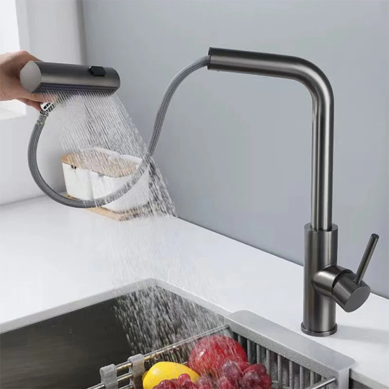 YCRAYS Black Kitchen Faucets Gray Pull Out Rotation Waterfall Stream Sprayer Head Sink Mixer Brushed Nickle Water Tap Accessorie