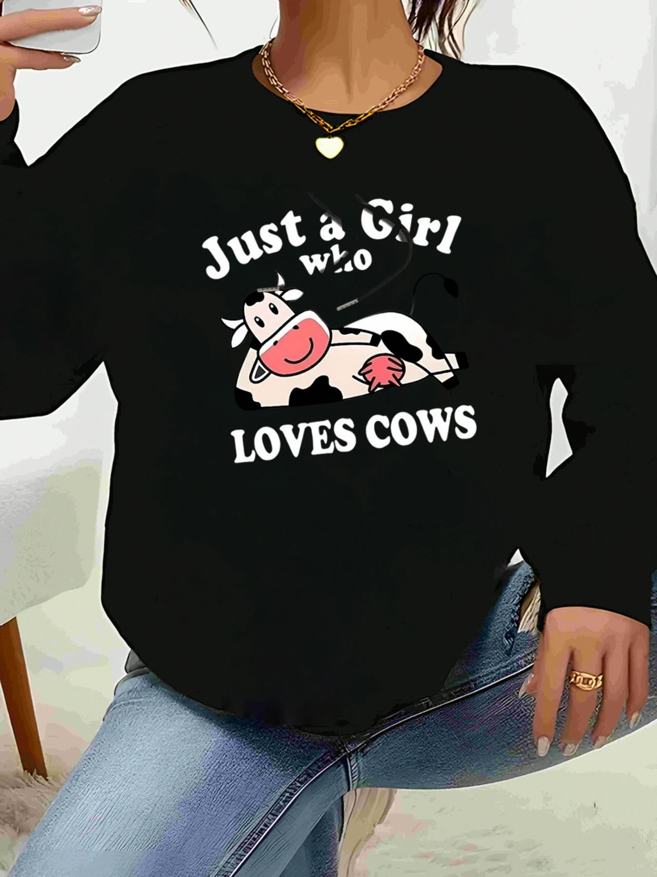 طباعة بقرة مجرد فتاة تحب الأبقار طويلة الأكمام البلوز ملابس غير رسمية للنساء #1