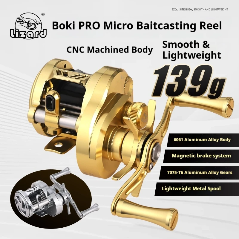 Lizard Fishing BOKI PRO Micro Drum Baitcaster Reel with Weighs 139g 7.6:1 Ratio CNC Alloy Body Shallow Spool Baitcasting Reel
