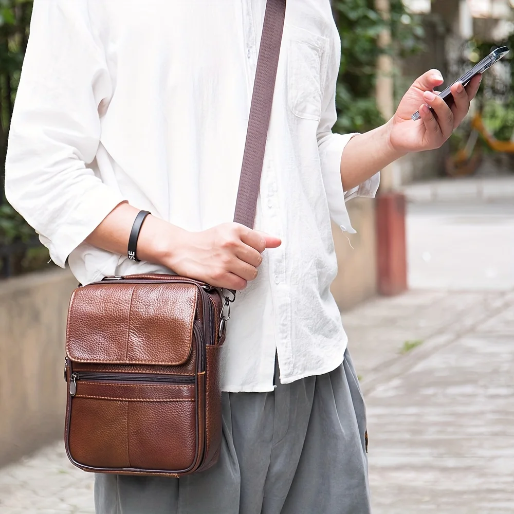 1PC Vintage men's shoulder bag, classic cowhide leather casual crossbody bag, portable multifunctional bag