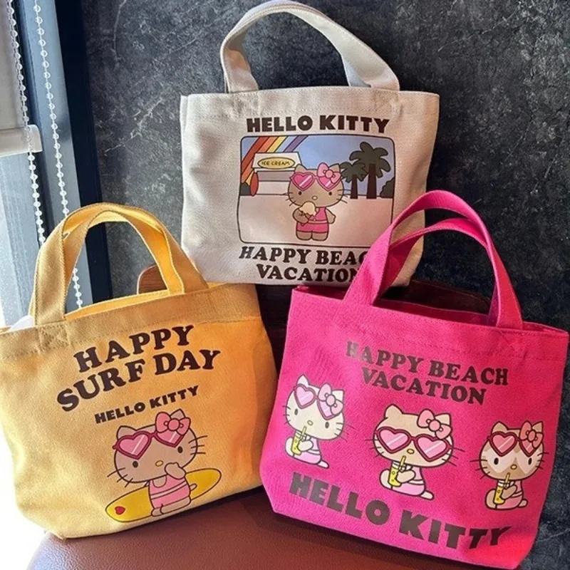 

New Sanrio Hello Kitty Large Canvas Bag Creative Cartoon Handbag Portable Lunch Storage Bag for Girls Holiday Gift