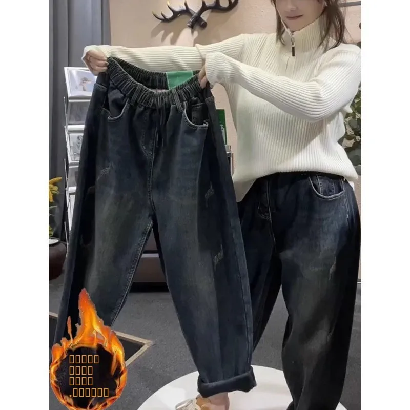 

Джинсы больших размеров с флисовой подкладкой в стиле Харадзюку для мужчин, осенне-зимние, с высокой талией, облегающие, скрывающие бедра, повседневные, удобные, джинсовые брюки