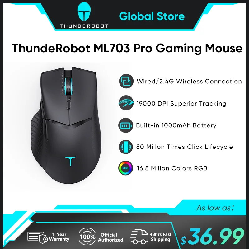 Thunderobot ML703 Pro Wireless Gaming Mouse 2.4G Wireless Wired RGB Gamer 19000 DPI 1000mAh Mouse for Laptop PC Gaming
