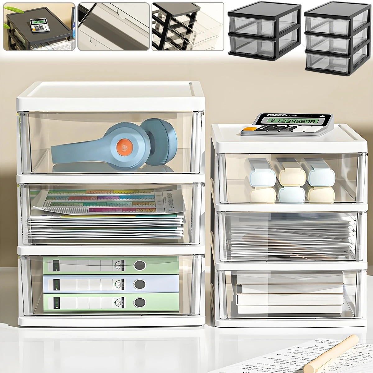 

2-3 Layers Desk Storage Box with Drawer Heightened Table Organizer Space-Saving Clear Storage Cabinet for Stationery Cosmetics