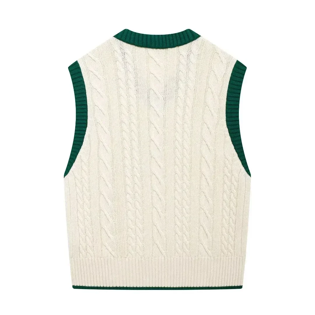 Women's 2024 New Fashion Casual Versatile Contrast Striped Knitted Vest Retro V Neck Sleeveless Women's Vest Chic Top