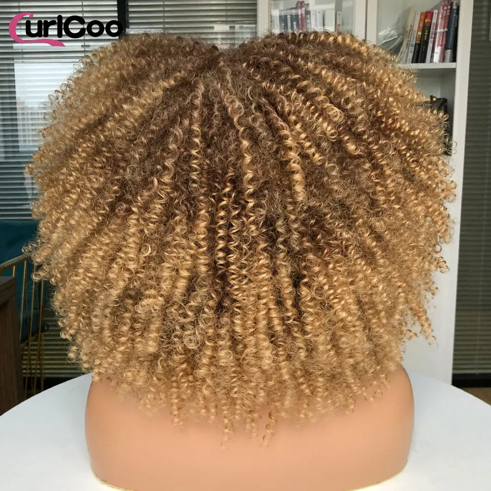 Short Afro Kinky Curly Wigs With Bangs For Black Women Cosplay Lolita Synthetic Natural Hair Ombre Blonde Wig