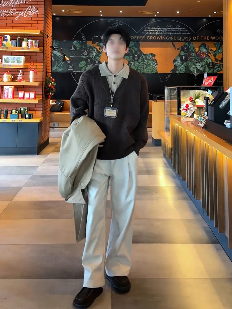 

Трикотаж с воротником из углерода и глазами, мужская зимняя модная внутренняя одежда, ленивый вязаный свитер Old Money Sle V-Ne, повседневный городской вид