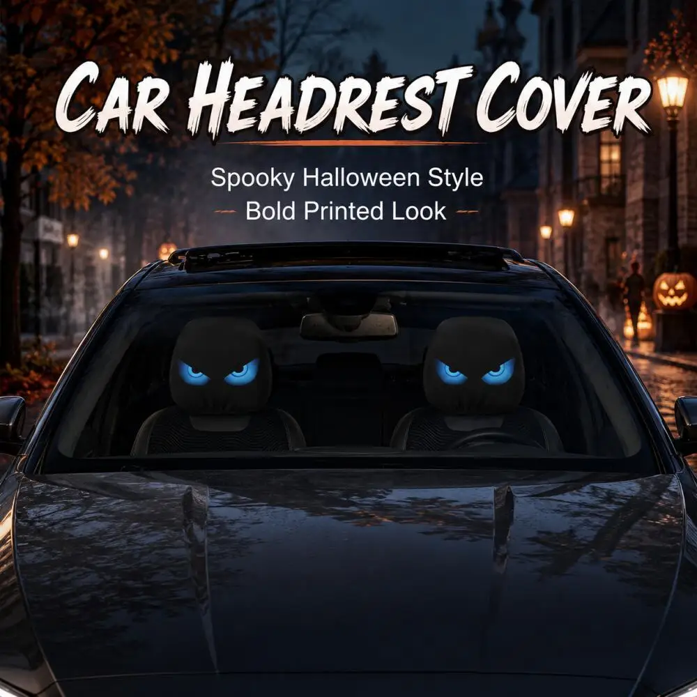 2PCS Glowing Blue Demon Eyes Car Headrest Covers 2D Flat Evil Eye Print Black Dark Style Universal Auto Headrest Protector