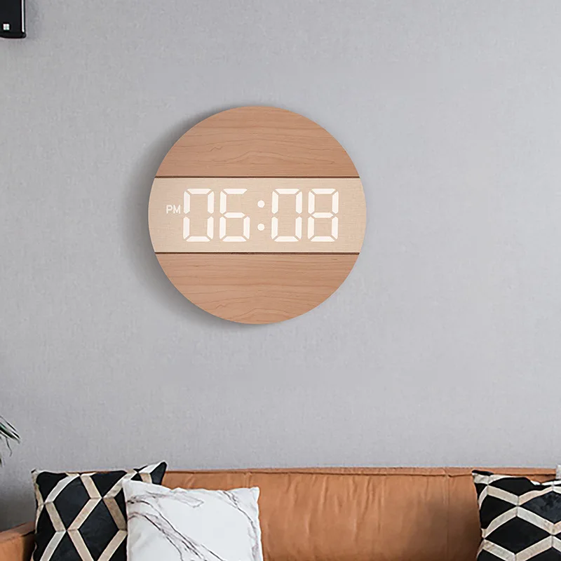 Élégante horloge murale DEL en bois avec affichage température date
