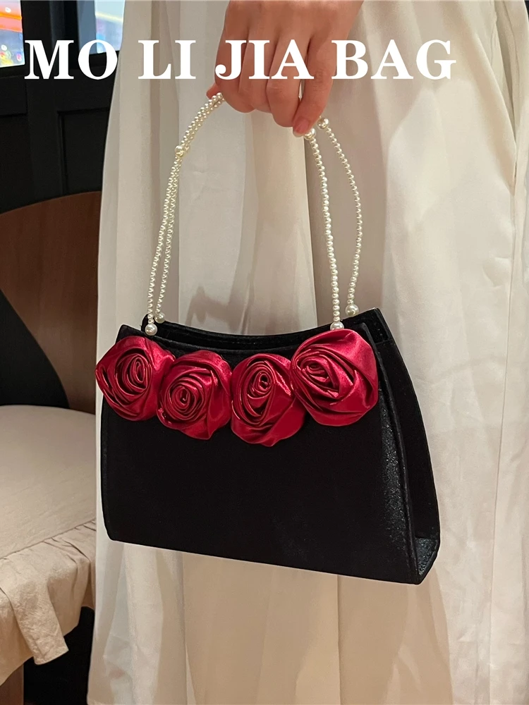 

New 2023 Pearl Rose Handbag for Women Court Style Party Handbag Summer Elegant Lady Bag Hard Handle Square Box Shape