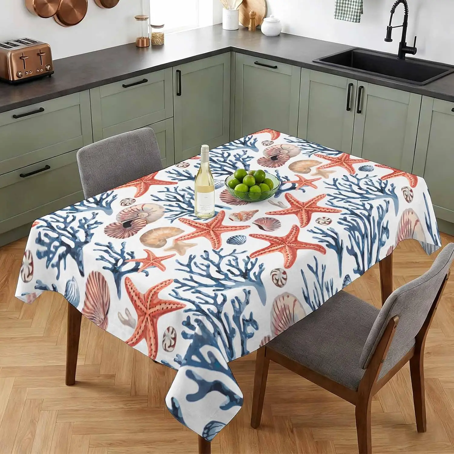 Summer Ocean Starfish Coral Shell Rectangle Tablecloth for Table Decor Reusable Kitchen Dining Tablecloth Wedding Party Decor
